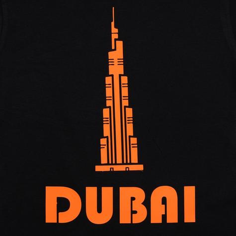  Glow in the Dark Round Neck T-Shirt with Dubai Burj Khalifa Print; Orange